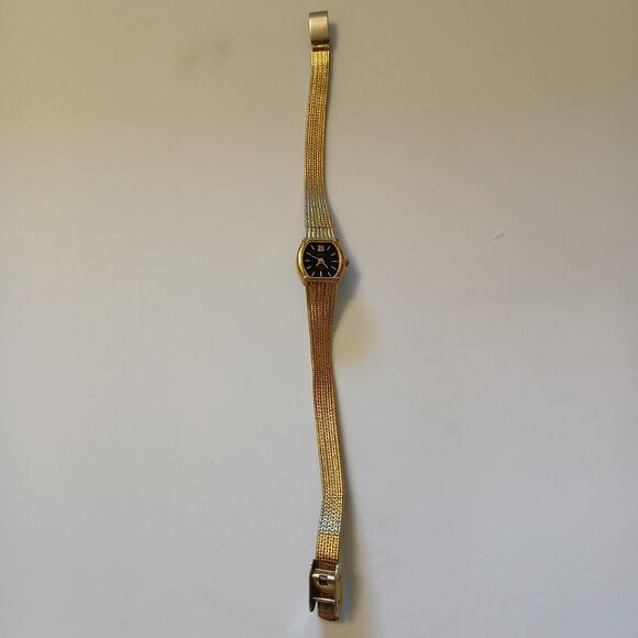 Vtg Elgin Women's Gold Dress Watch Quartz Diamond Black Dial EK230-007 READ - Picture 1 of 15